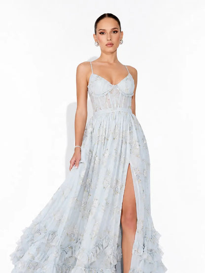 Annabel Ruffled Slit Maxi Dress In Blue