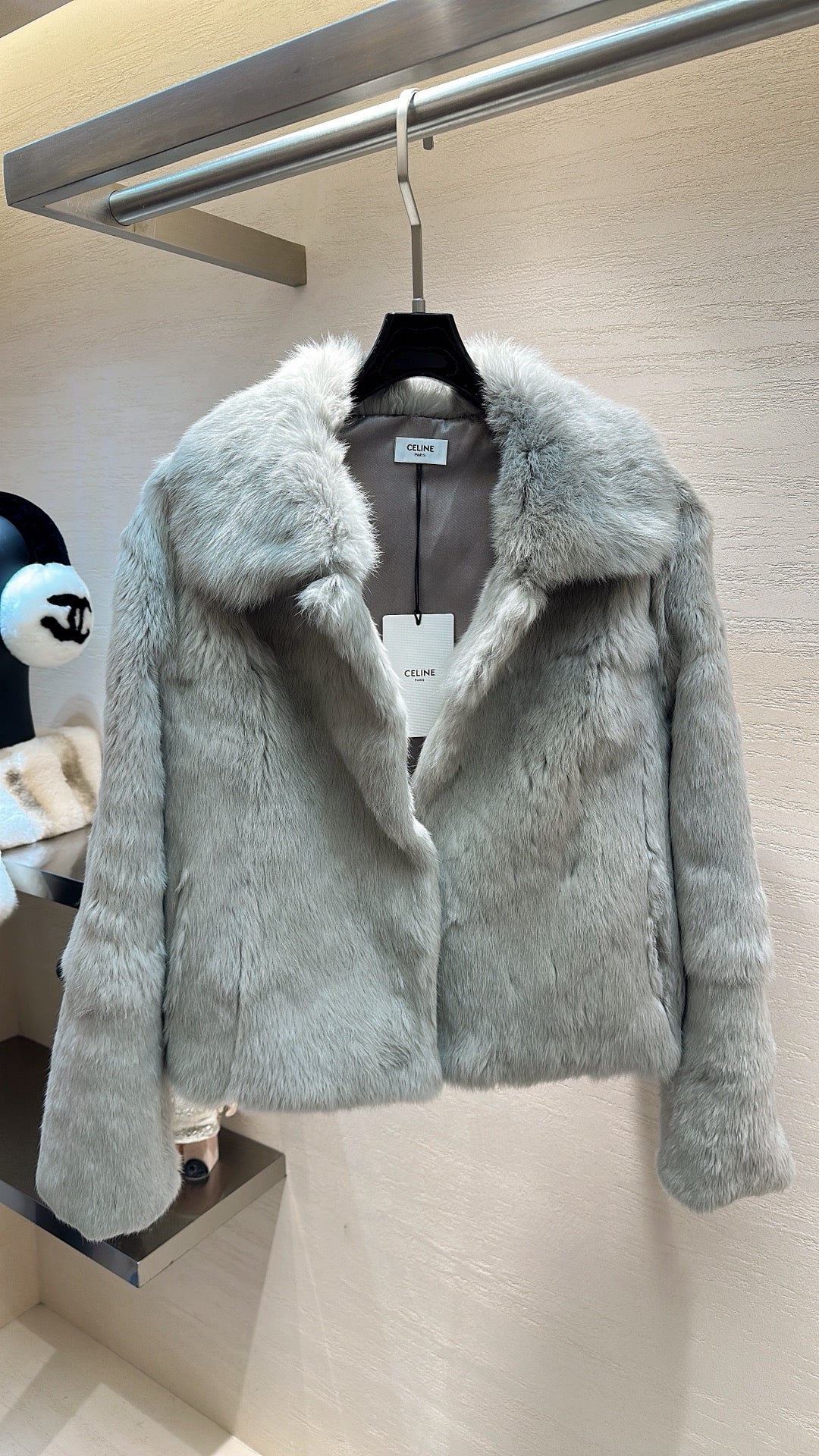 CELINE Rabbit Fur Coat Light Gray 333225