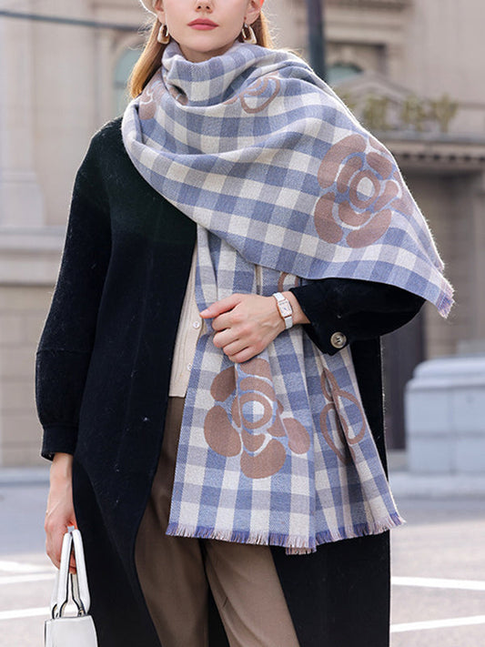 Fringed Keep Warm Knitted Flower Plaid Shawl&Scarf