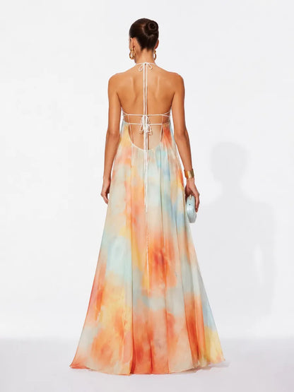Madeline Printed Chiffon Lace-Up Backless Maxi Dress