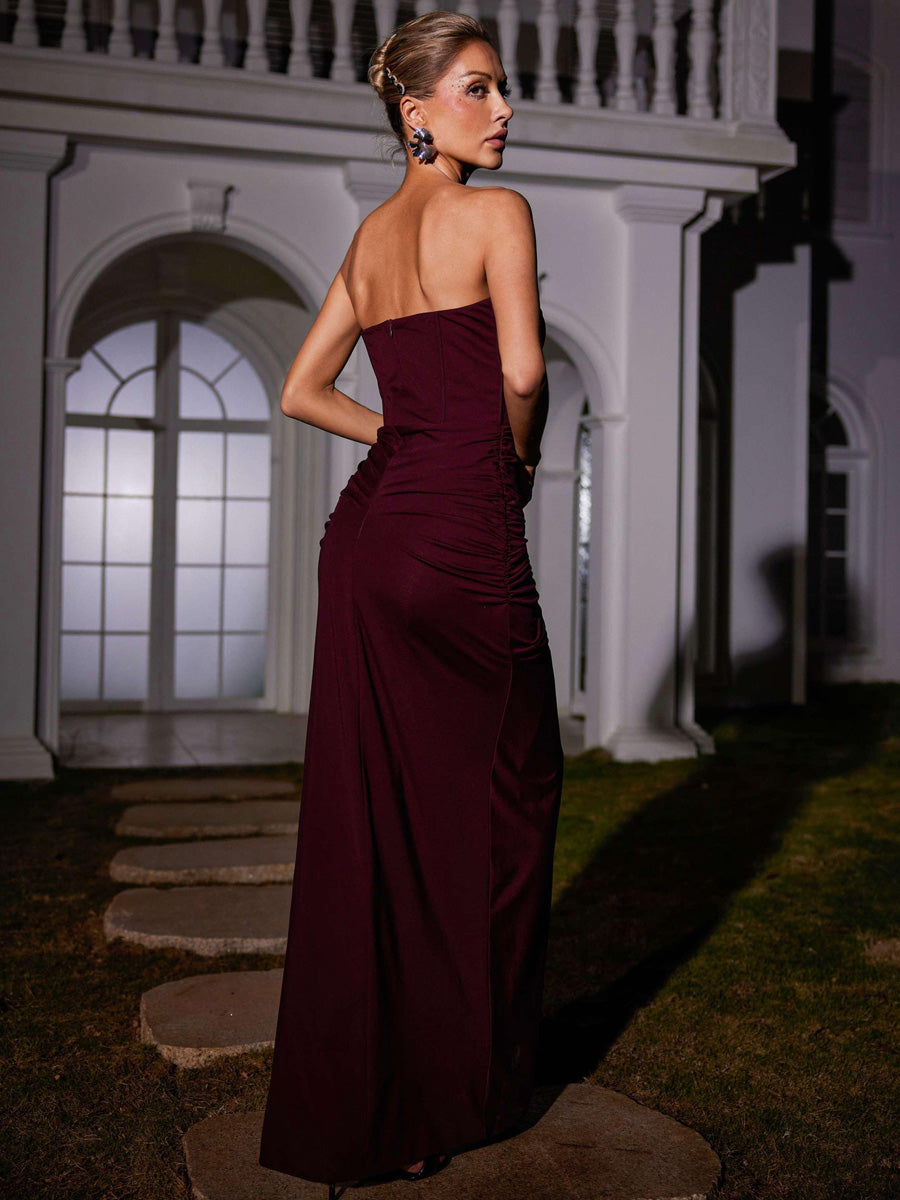 Renata Strapless Ruched Dress In Brown