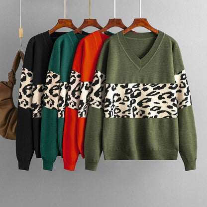 Simple V-Neck Loose Color Block Leopard Print Sweater
