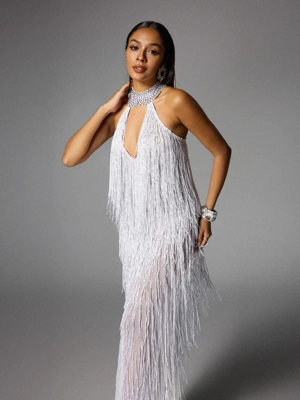 Elvrik Halterneck Fringe Cutout Split Maxi Dress