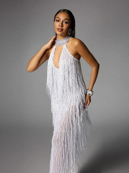 Elvrik Halterneck Fringe Cutout Split Maxi Dress