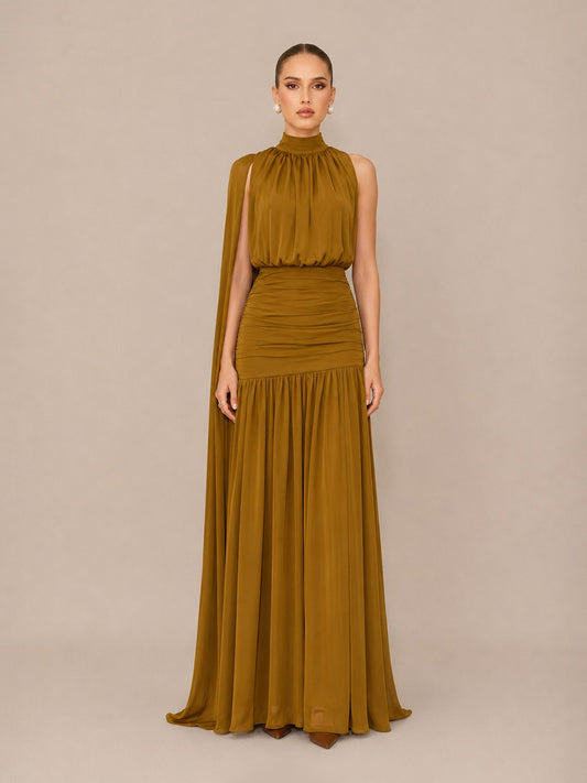 Melinda Pleated-Waist Maxi Dress with Scarf-Tie Detail