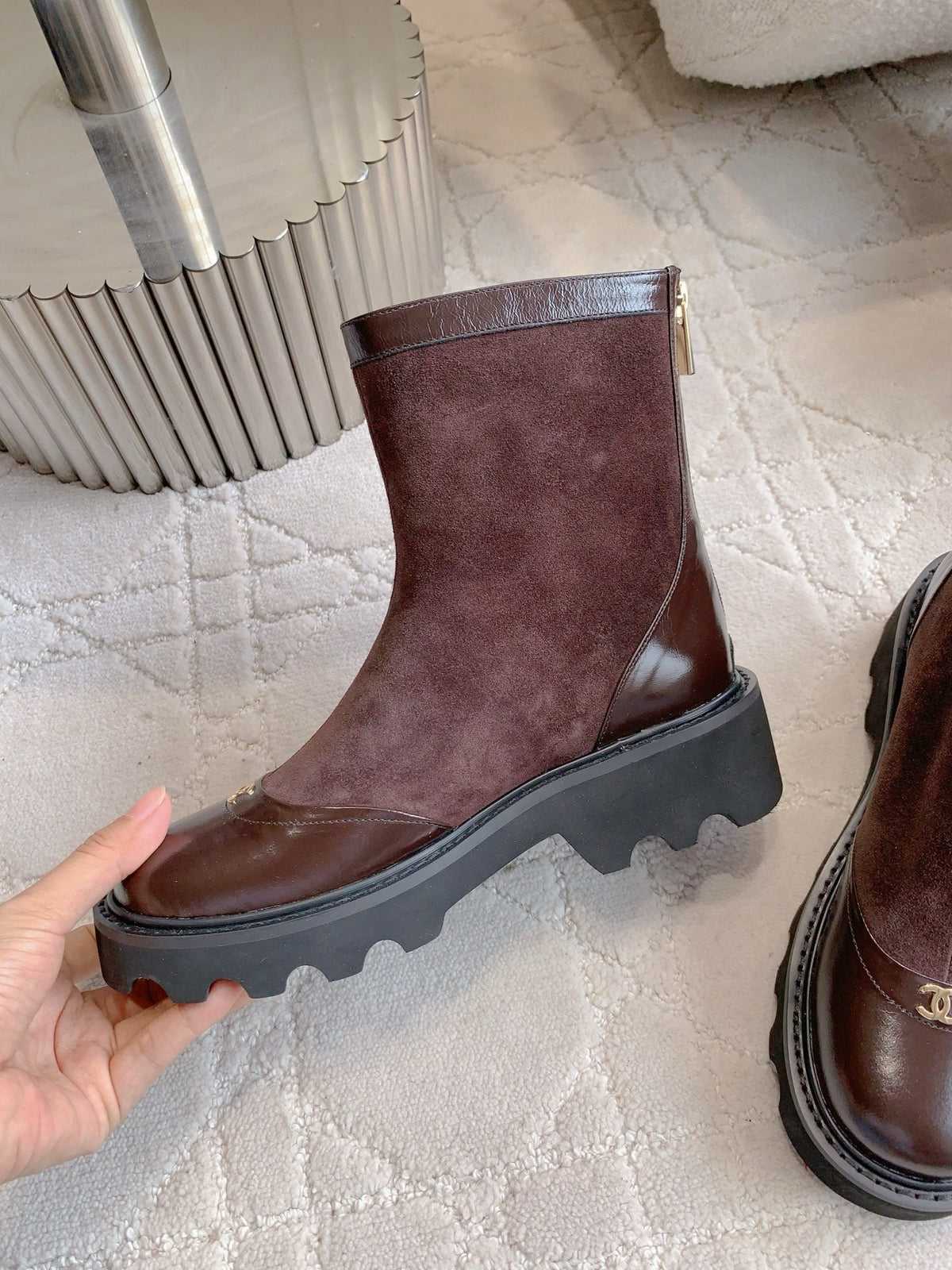 CC New Platform Ankle Boots Dark Burgundy Suede Glossy Sheepskin