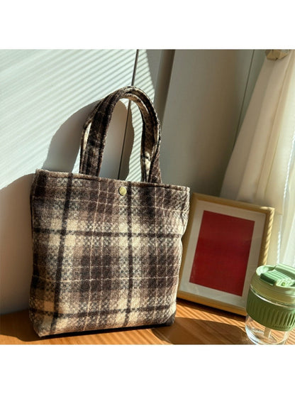 Cosbai - Vintage Canvas Shoulder Bag with Plaid Patterns