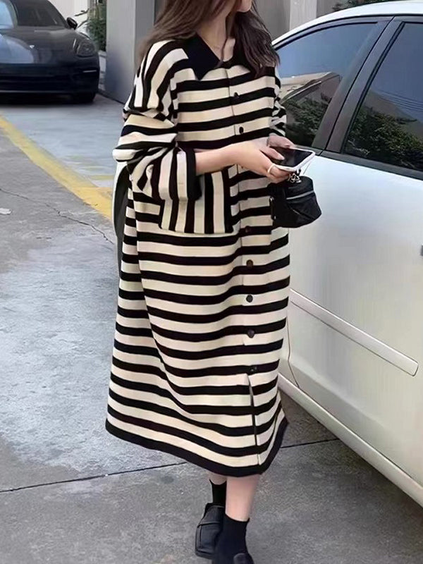 Urban Long Sleeves Loose Striped Polo Sweater Dresses