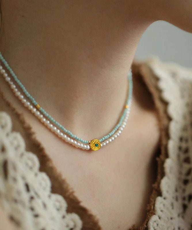 Handmade Colorblock Alloy Double-Layer Pearl Beading Pendant Necklace