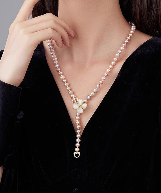 Elegant Champagne Alloy Pearl Zircon Floral Lariat Necklace