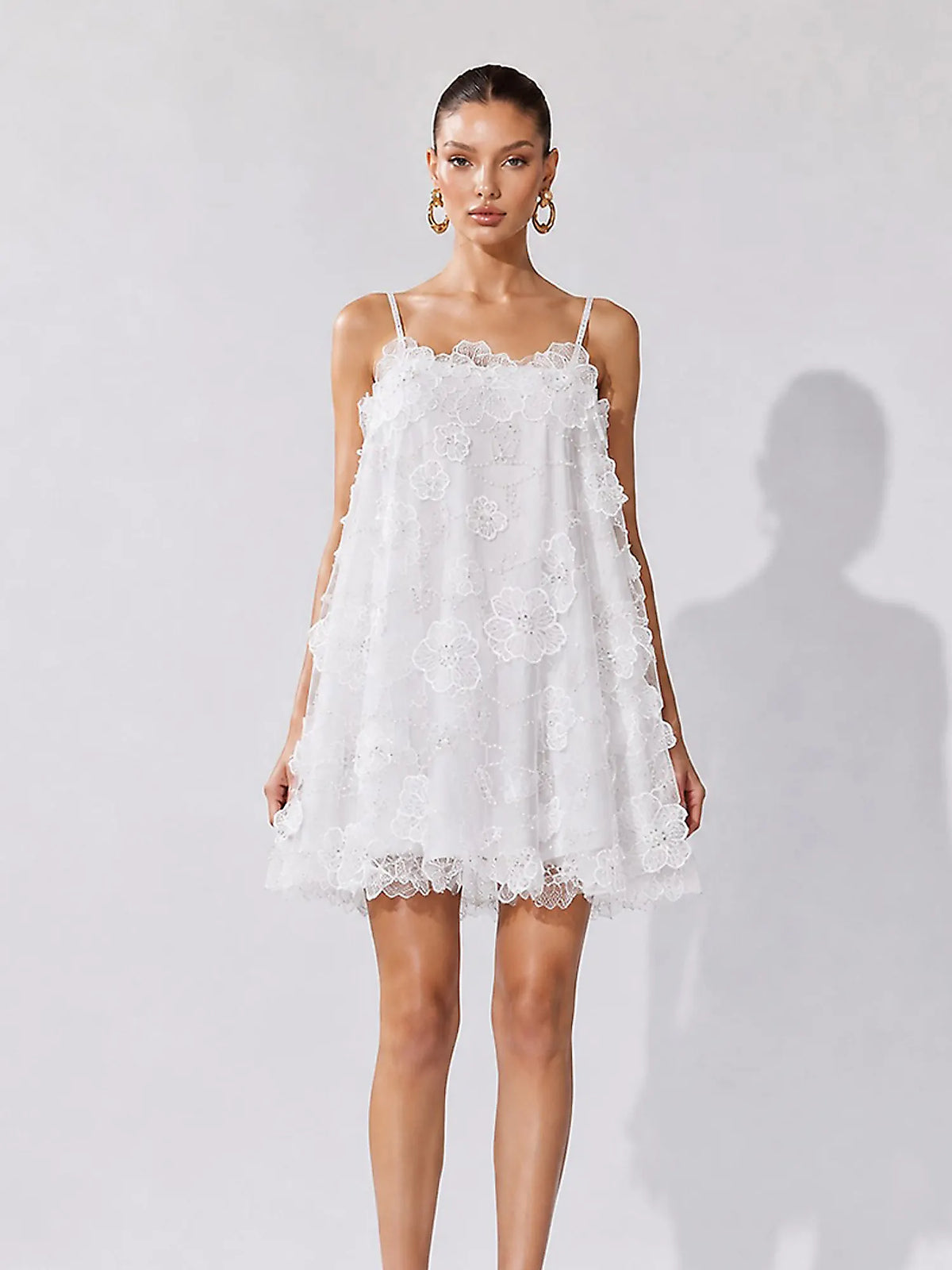 Abrianna Rhinestone Flower and Sequin Mesh Mini Dress
