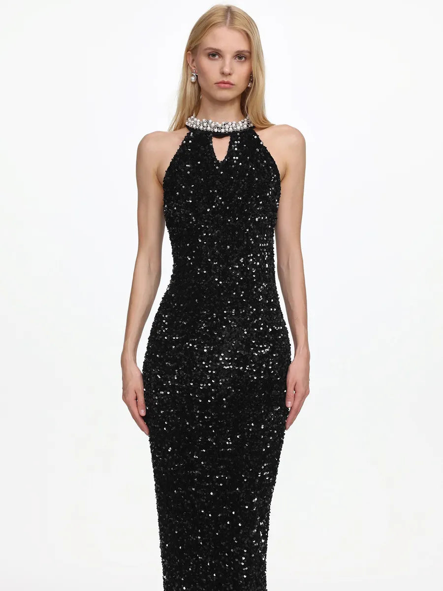 Naomi Elegant Contour Halter Pearl Sequin Maxi Dress