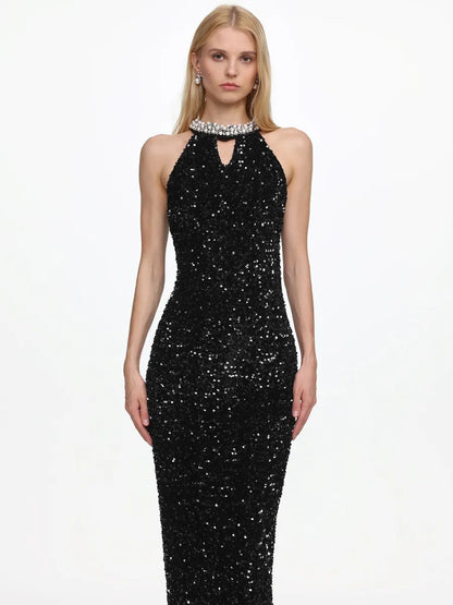 Naomi Elegant Contour Halter Pearl Sequin Maxi Dress