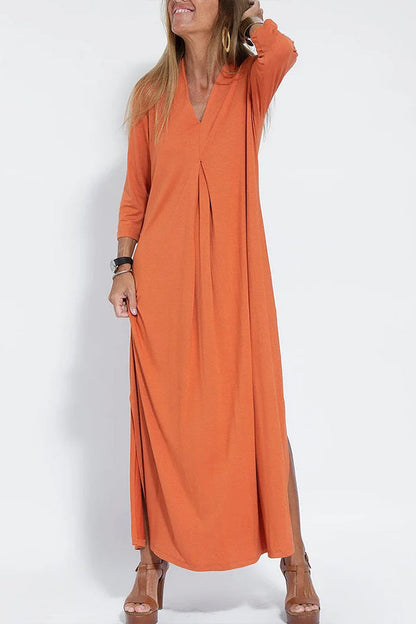 Women Casual V Neck Solid Color Maxi Dress