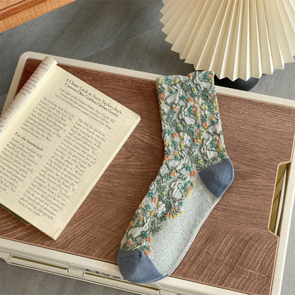 Rufia - Vintage Style Embossed Little Bunny Pattern Mid-Calf Socks