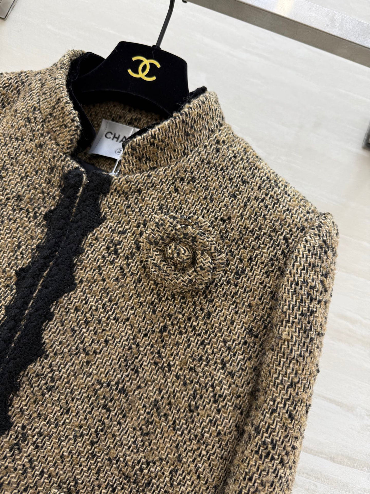 CC 26s Coat 3D Floral Embellished Beige Wool Blend Tweed