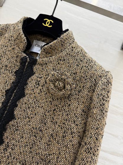 CC 26s Coat 3D Floral Embellished Beige Wool Blend Tweed