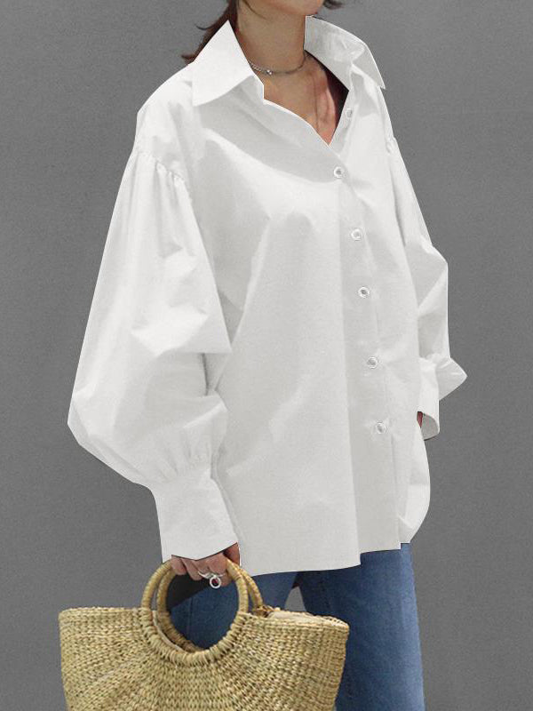 Long Sleeves Loose Buttoned Pleated Solid Color Lapel Blouses&Shirts Tops