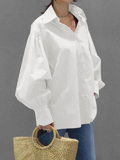Long Sleeves Loose Buttoned Pleated Solid Color Lapel Blouses&Shirts Tops