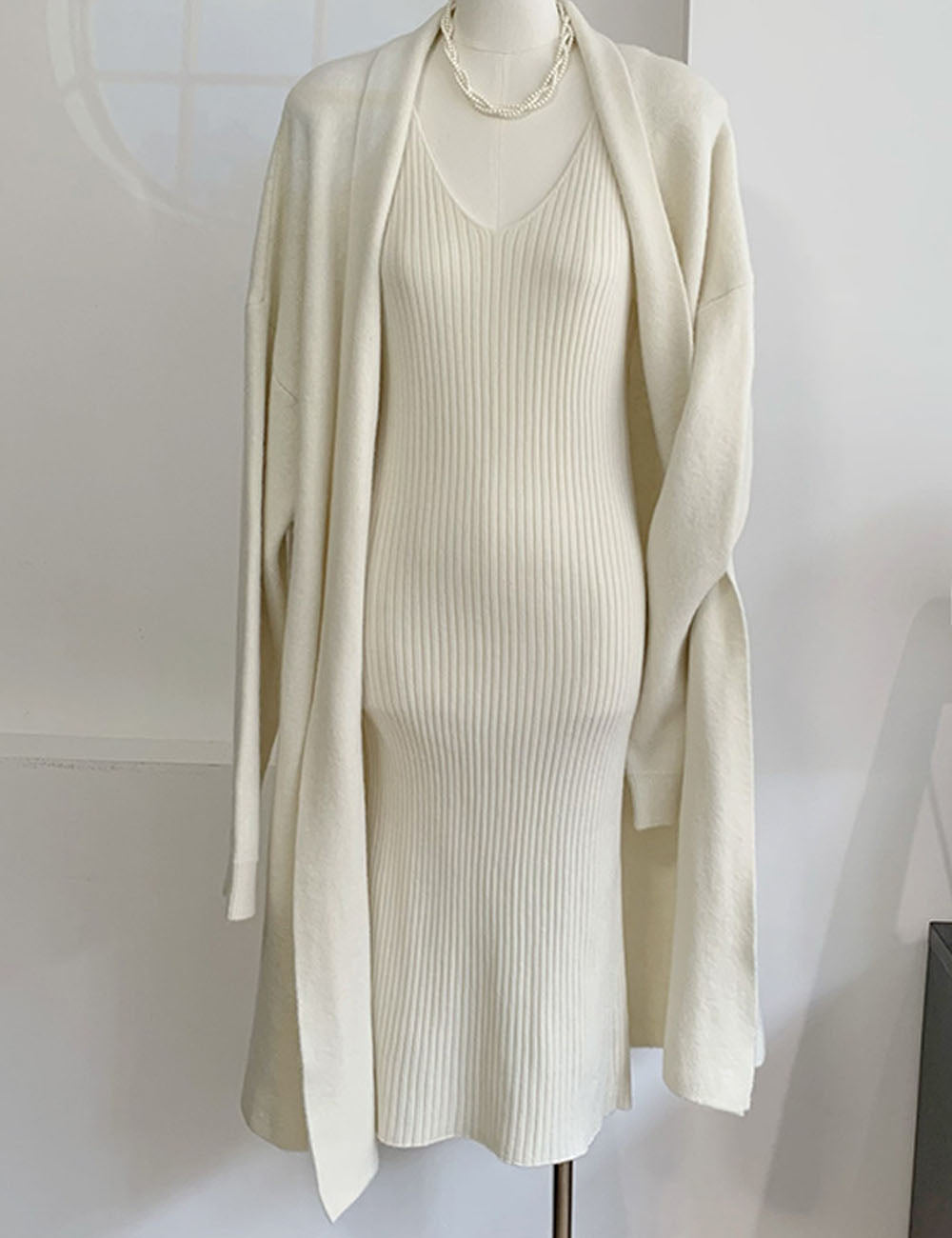 2 Pcs Elegant Fall Long Sleeve Cardigan Tank Dress