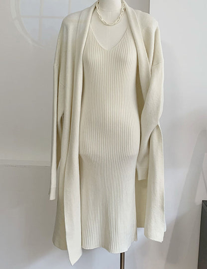 2 Pcs Elegant Fall Long Sleeve Cardigan Tank Dress