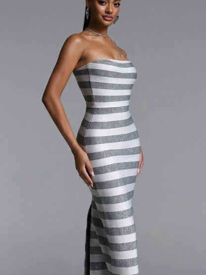 Chloe Striped Strapless Bandage Midi Dress