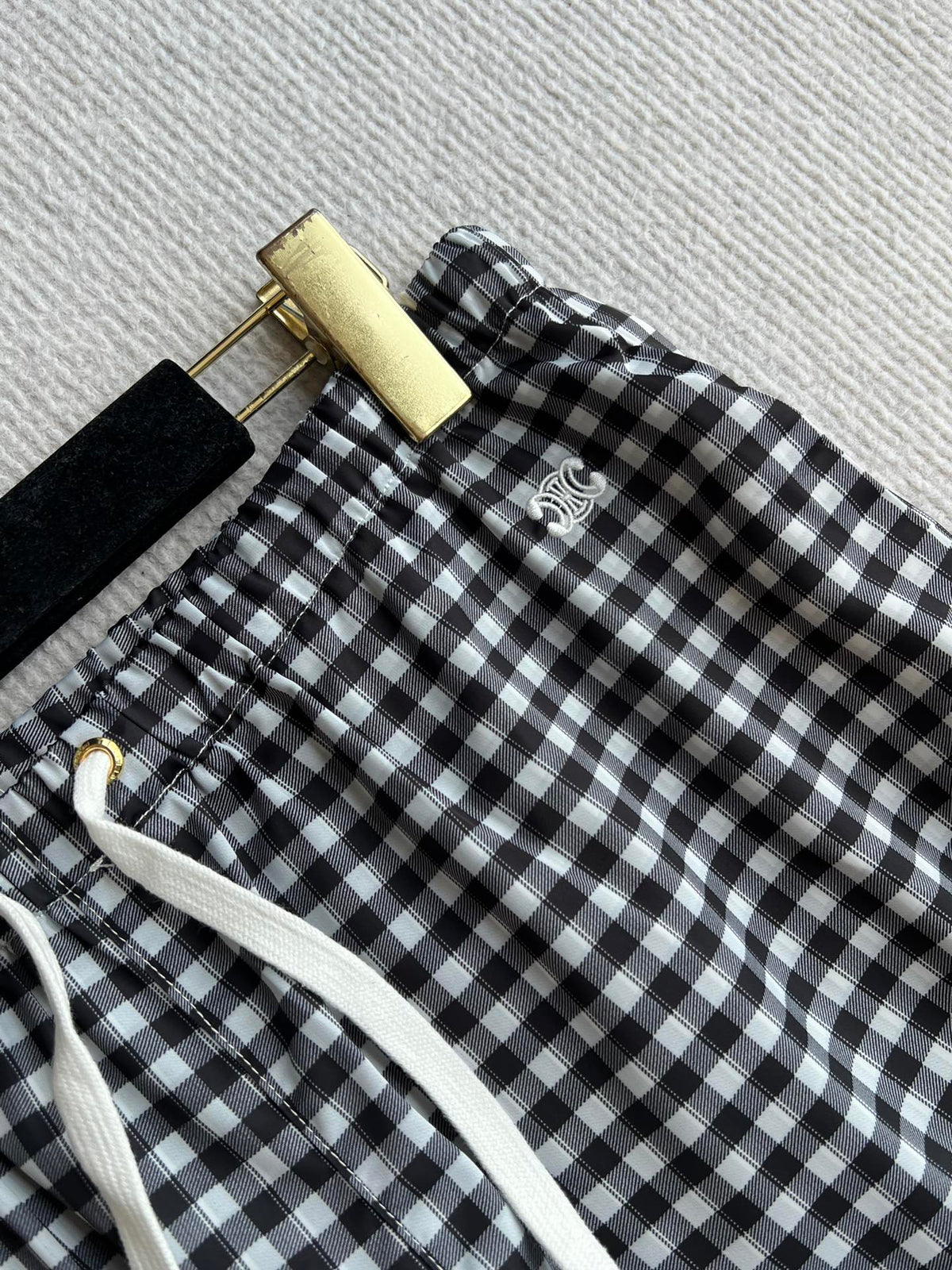 Celine 25 Arc de Triomphe Plaid Casual Pants Black White Polyester