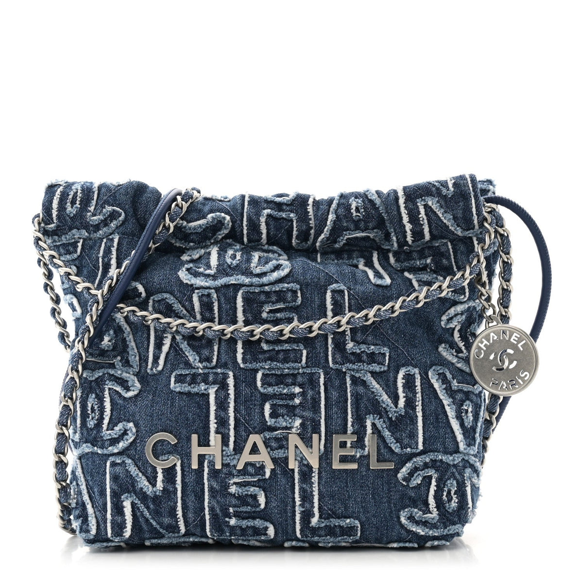 Washed Denim Logo Embroidered Mini Chanel 22 Blue