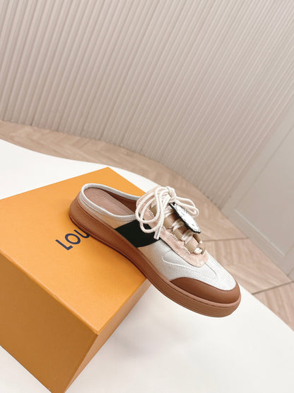 LV 2026 Lous Open Back Sneaker White Brown Canvas Leather 595416