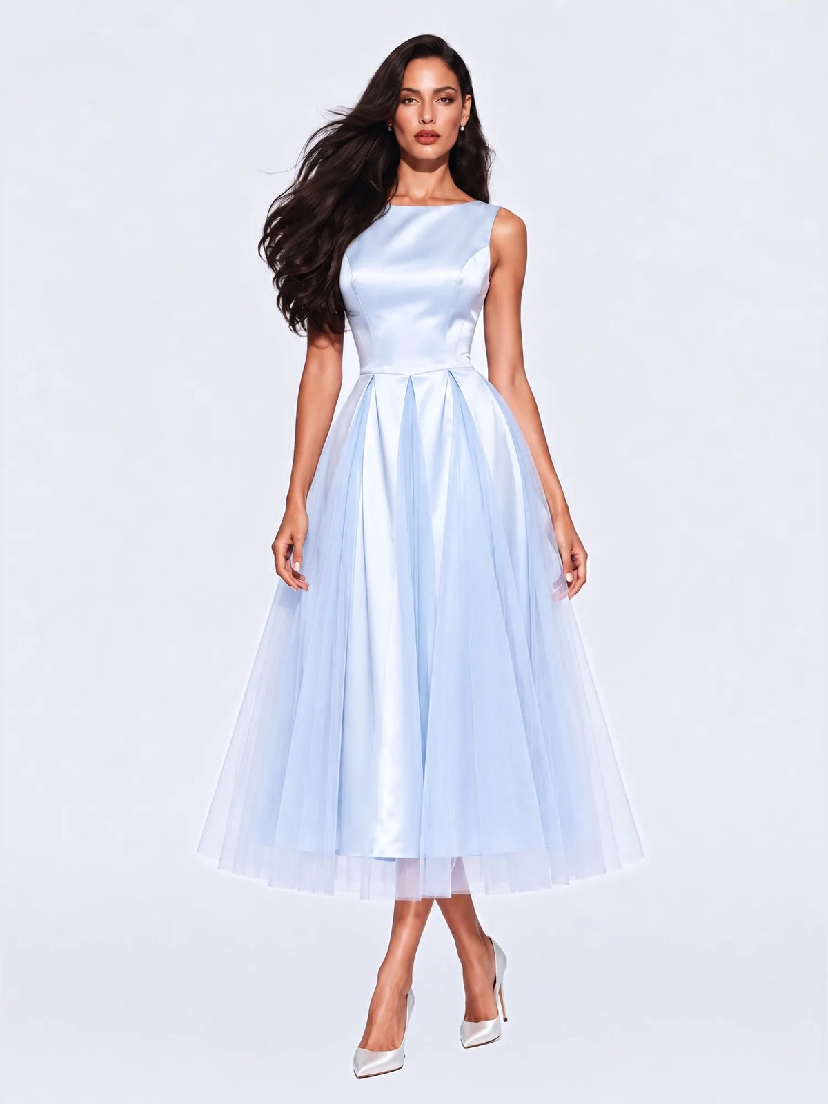 Elisa Satin and Mesh Panel Sleeveless Midi Dress