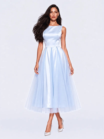 Elisa Satin and Mesh Panel Sleeveless Midi Dress