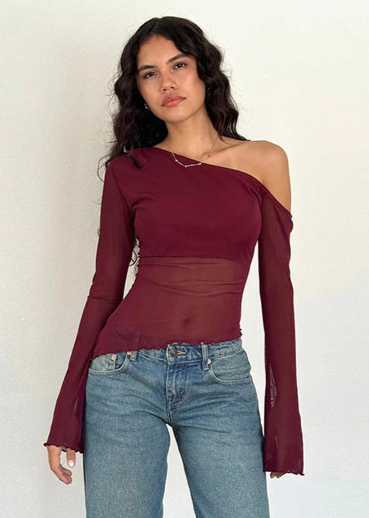 Asymmetrical Gauzy Off Shoulder Long Sleeve Top