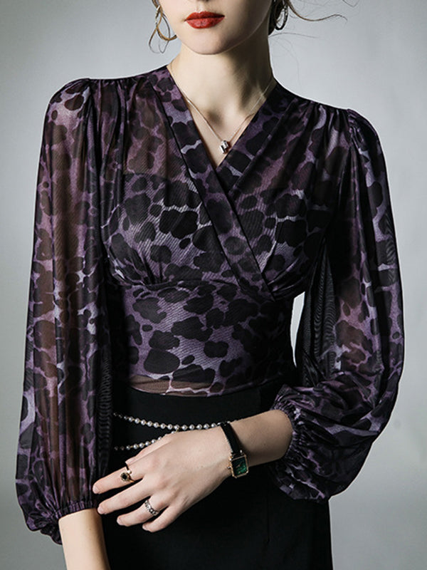 Long Sleeves Plus Size Leopard V-Neck T-Shirts Tops