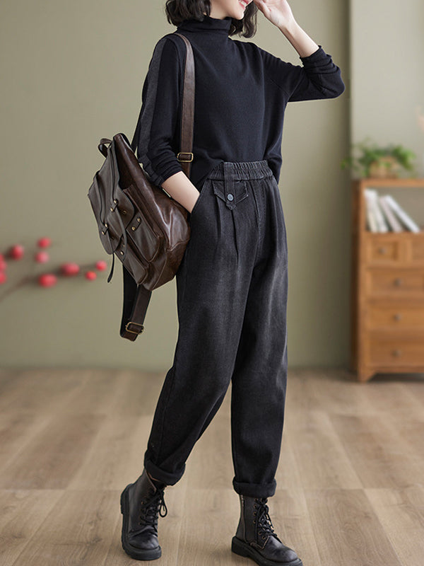 Casual Loose Velvet Elasticity Solid Color Harem Jean Pants Bottoms