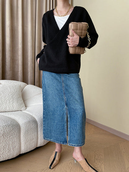 Long Sleeves Loose Asymmetric Buttoned V-Neck Cardigan Tops