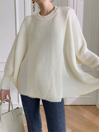 Irregularity Loose Solid Color Batwing Sleeves Round-Neck Sweater Tops