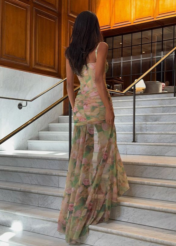 Floral Mesh Maxi Dress With Corset Boning