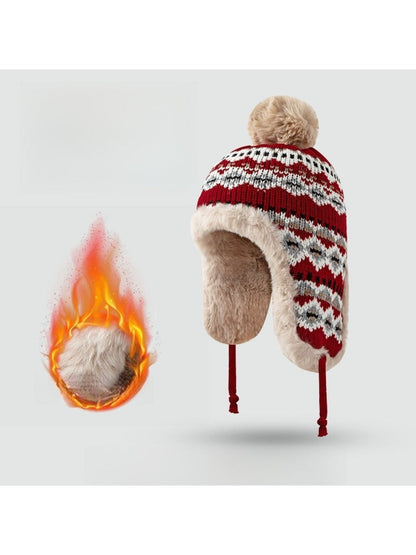 Haila - Jacquard Patterned Fleece-Lined Knitted Beanie with Earflaps