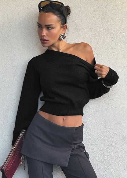 Off Shoulder Cropped Knit Sweater Soft Fabric