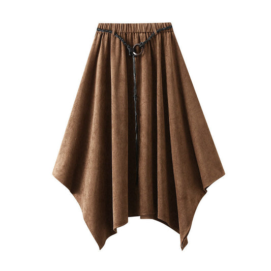 High Waist Suede Skirt With Belt And Asymmetrical Hem