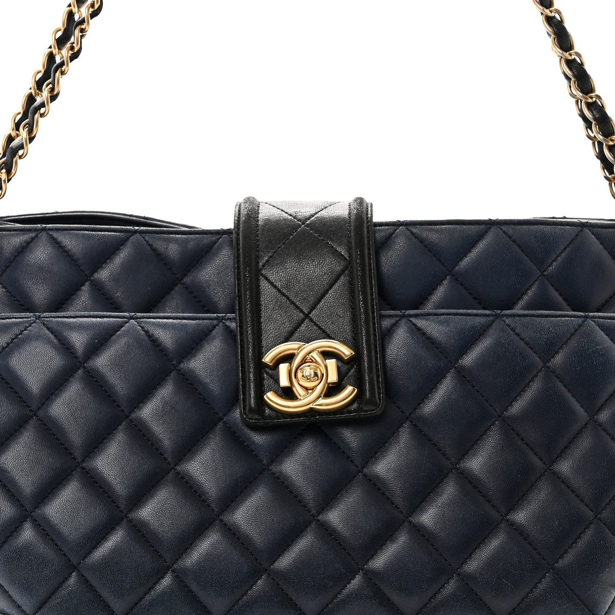 Lambskin Quilted Elegant CC Shopping Tote Navy Black