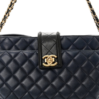 Lambskin Quilted Elegant CC Shopping Tote Navy Black