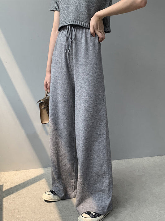 Loose Wide Leg Drawstring Solid Color Knitting Casual Pants Bottoms