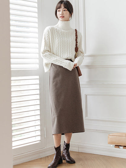 Casual Long Sleeves Loose Solid Color High-Neck Sweater Tops