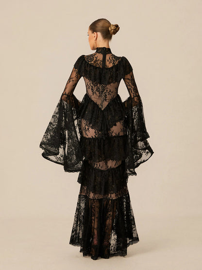 Elina Tiered Ruffle Sheer Lace Maxi Dress