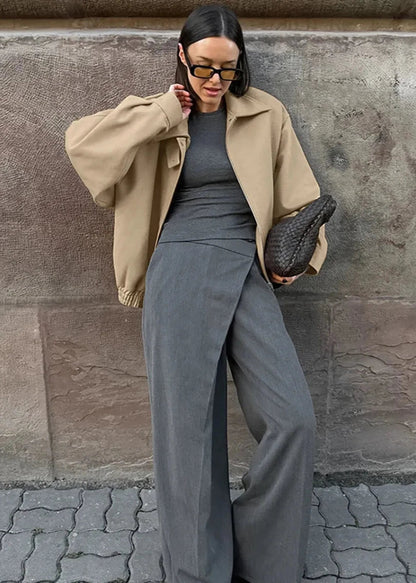 Woolen Lapel Coat Loose Fit Beige Style