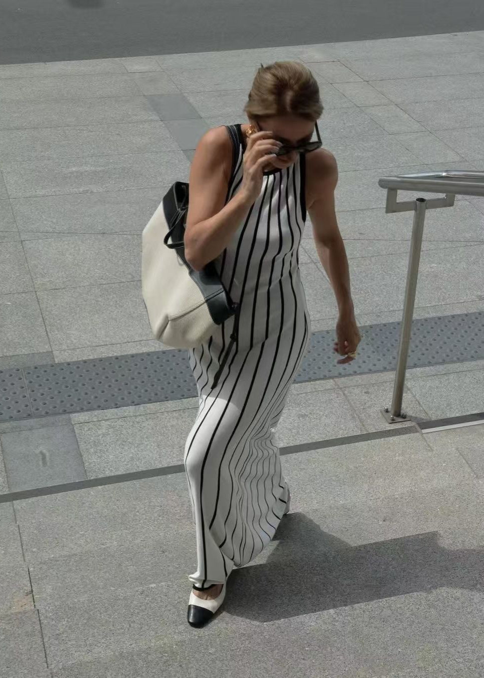 Sleeveless Ribbed Knit Maxi Dress With Stripes