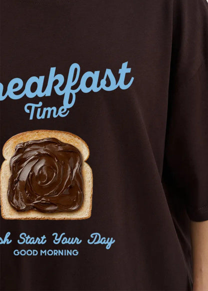 Oversized Cotton Tee With Breakfast Print