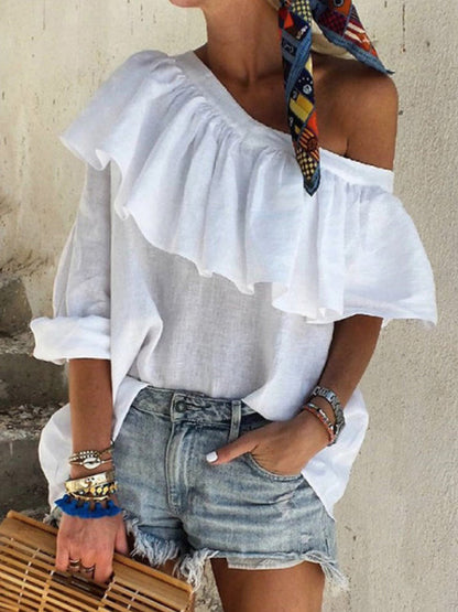 Original Solid Color Falbala Off-The-Shoulder T-Shirt Top