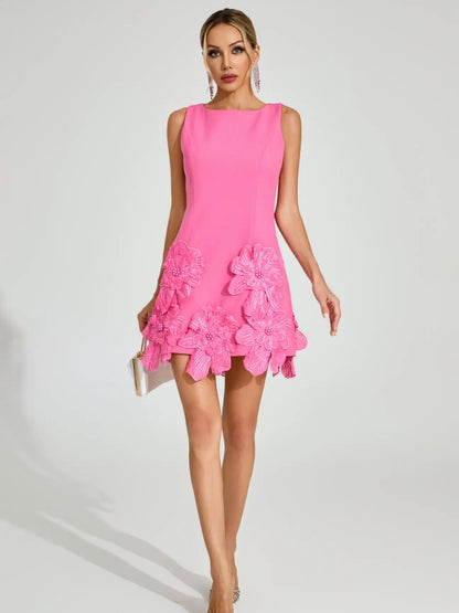 Gia Structured 3D Floral Applique Mini Dress in Pink